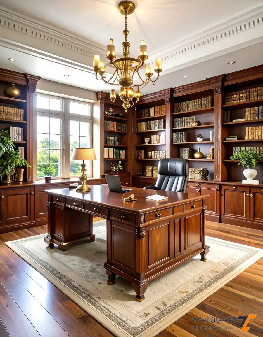 دفتر وکالت کلاسیک با میز مدیریت سنگین و منبت‌کاری شده