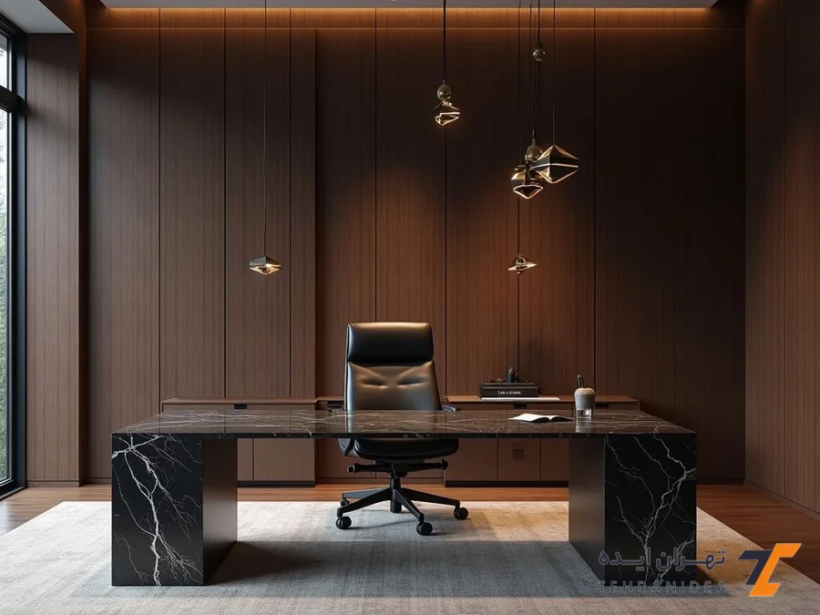 طراحی دفتر وکالت کوچک رسمی با میز سنگی خاص