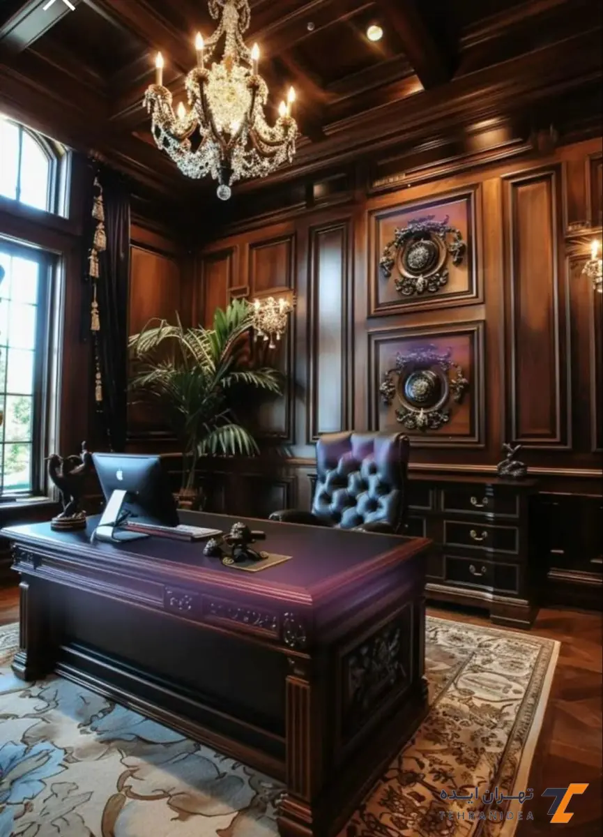 دفتر وکالت لاکچری با پنل‌کاری چوبی و لوستر شاخص