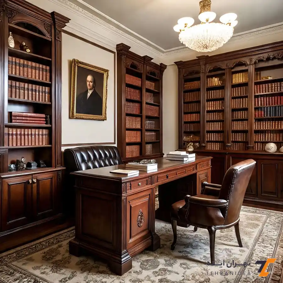 نمونه طراحی دفتر وکالت کلاسیک ایرانی با رنگ‌های گرم