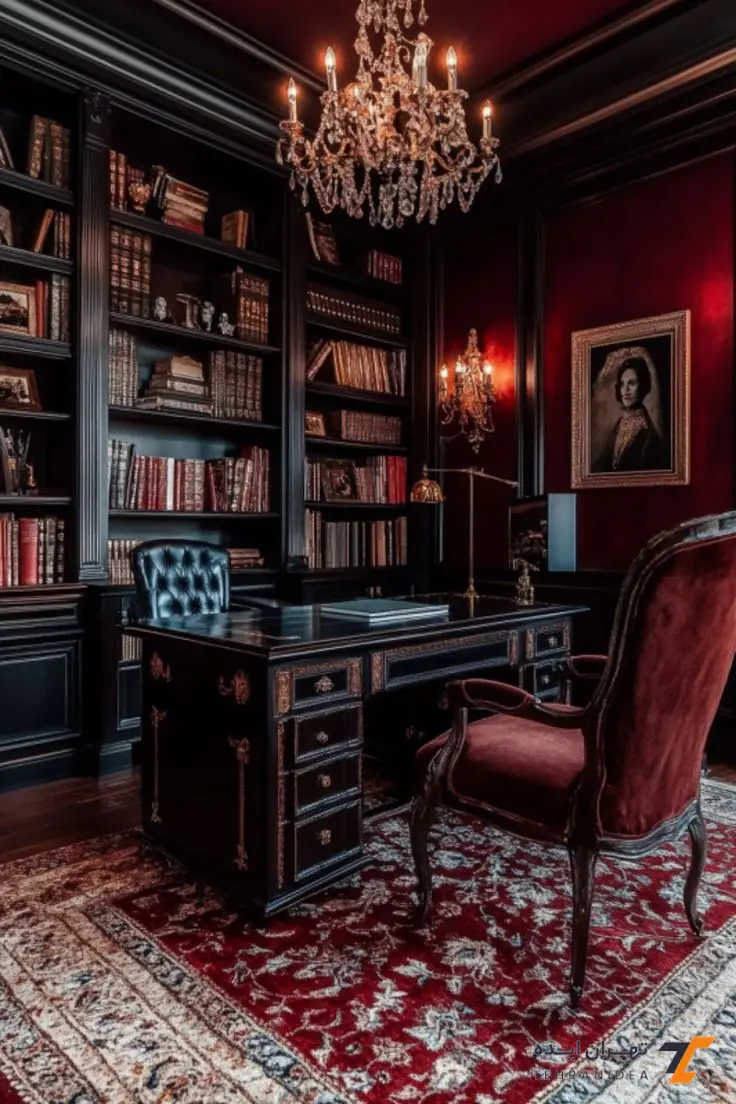 دفتر وکالت لاکچری با رنگ‌بندی تیره و فضای دراماتیک