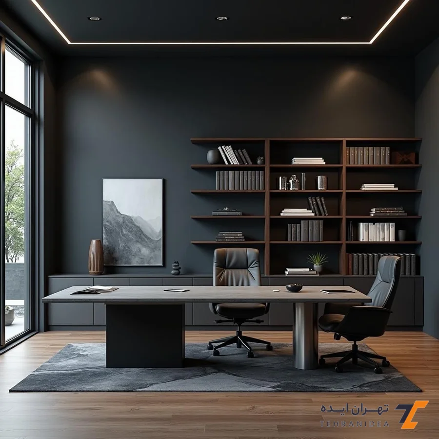 طراحی دفتر وکالت کوچک با کتابخانه باز