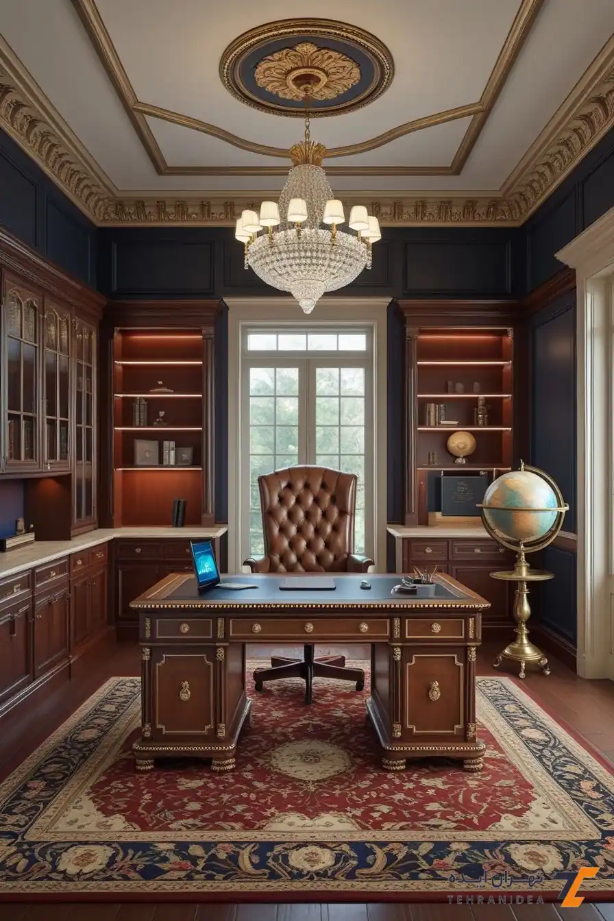 سقف گچبری و لوستر کریستالی در دفتر وکالت کلاسیک لوکس