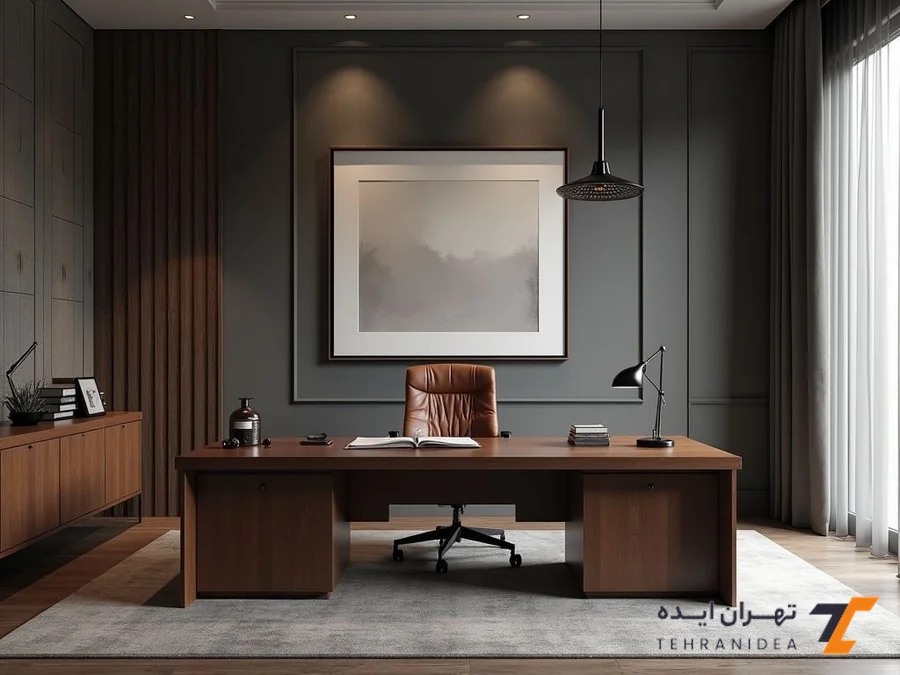 طراحی دفتر وکالت کوچک با دیوارکوب و کتابخانه مخفی