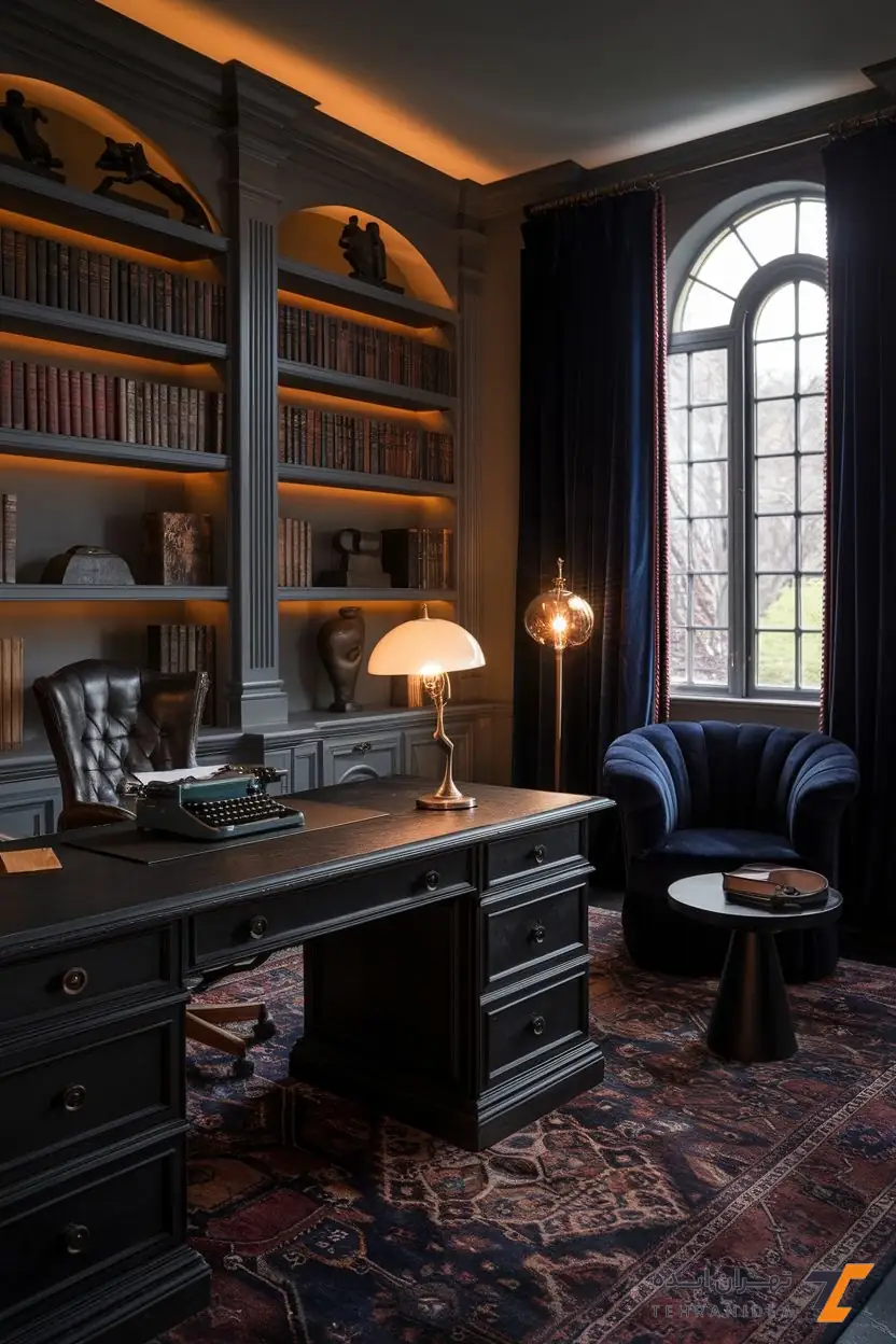 دفتر وکالت لاکچری با کتابخانه قوسی و نورپردازی مخفی