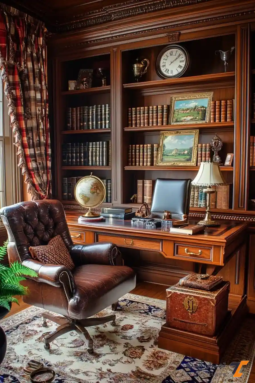 دفتر وکالت کلاسیک با کتابخانه چوبی قاب‌دار