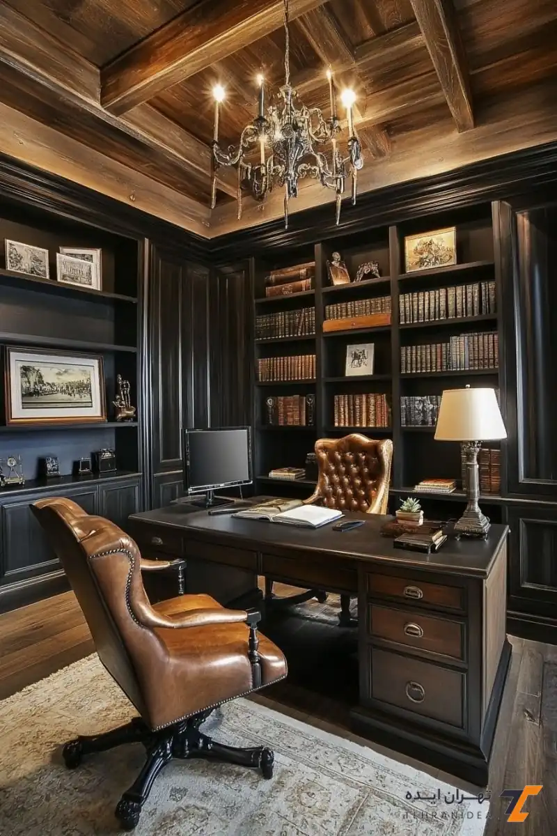 طراحی دفتر وکالت لاکچری با سقف چوبی و مبلمان چرمی