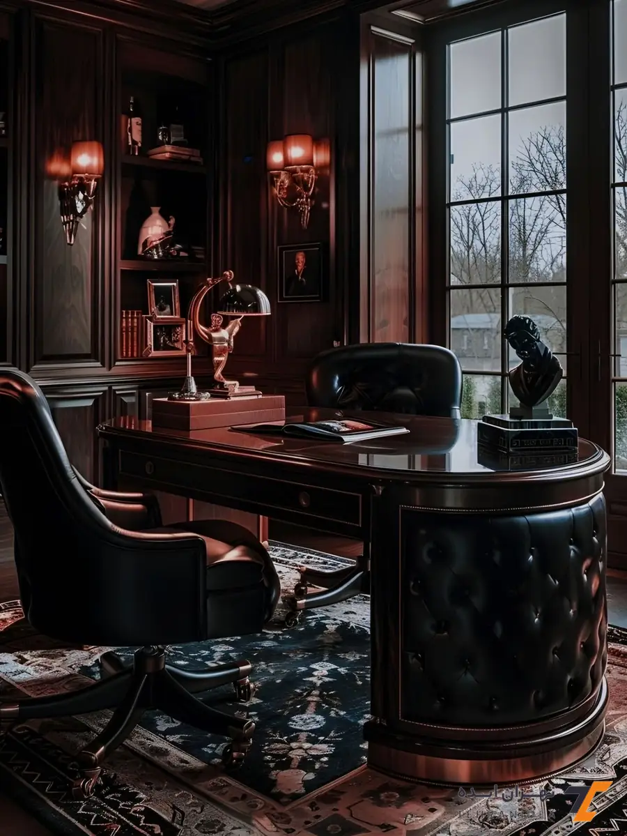 دفتر وکالت لاکچری با میز منحنی و چیدمان مدیریتی