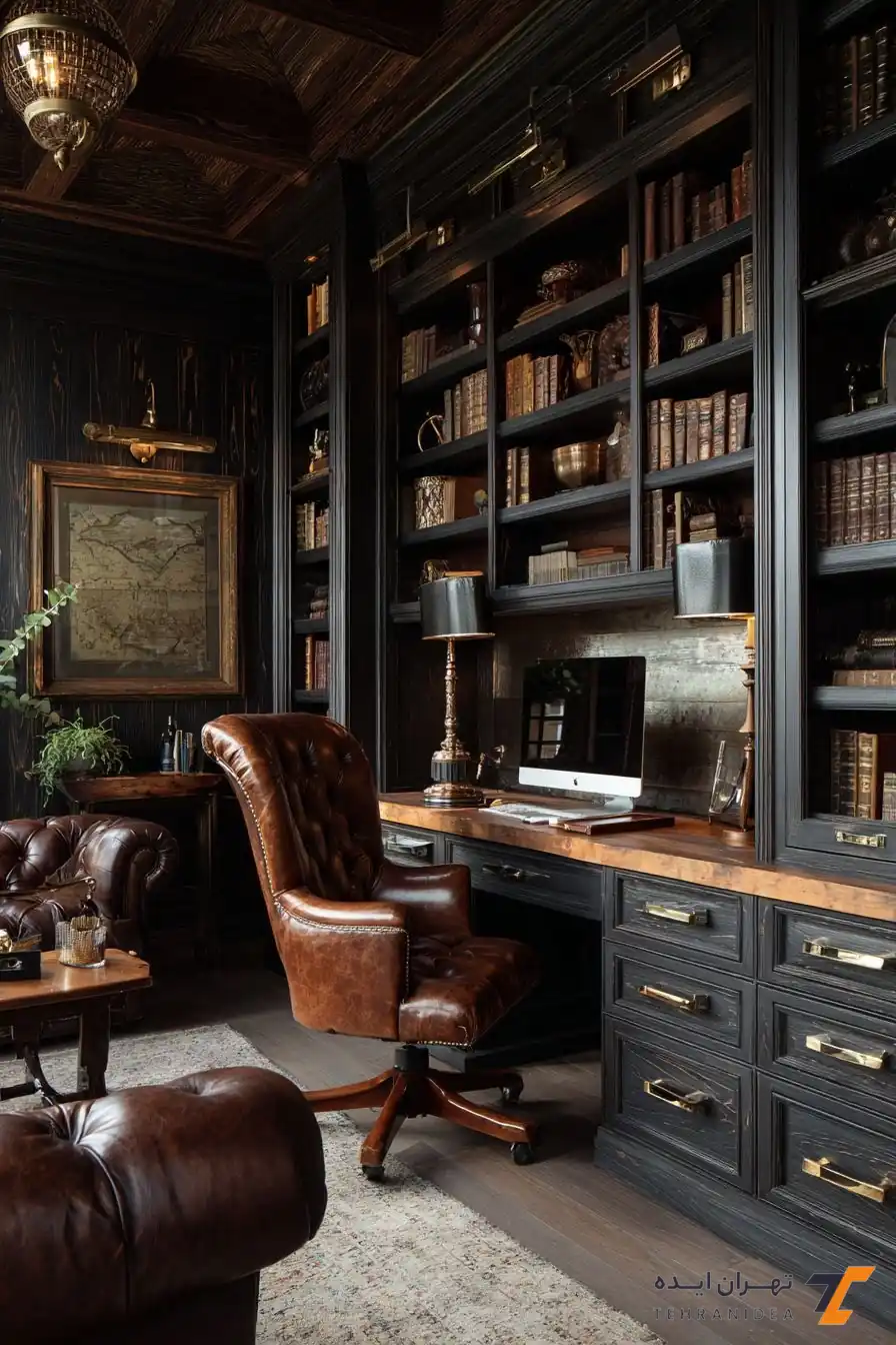 طراحی دفتر وکالت لاکچری با کتابخانه سرتاسری و فضای کاری ترکیبی