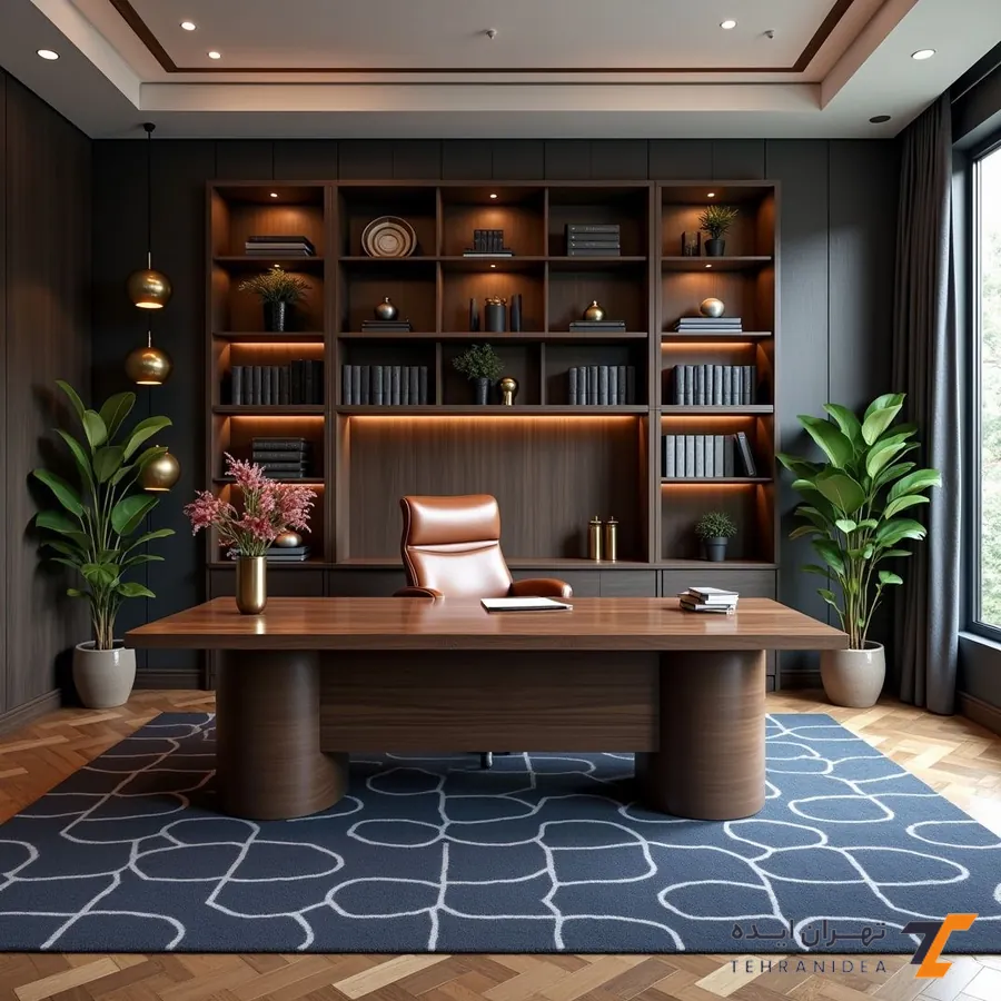 طراحی دفتر وکالت کوچک حرفه‌ای با کتابخانه دکوراتیو