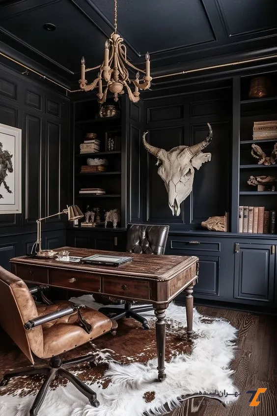 دفتر وکالت لاکچری خاص با رنگ تیره و المان دکوراتیو شاخص