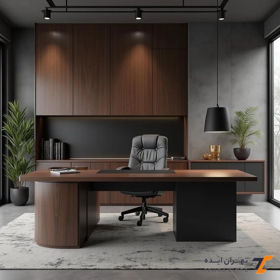 طراحی دفتر وکالت کوچک رسمی با متریال چوب تیره