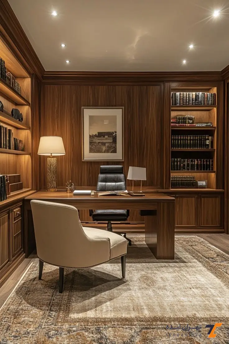 طراحی دفتر وکالت کلاسیک با رنگ قهوه‌ای تیره