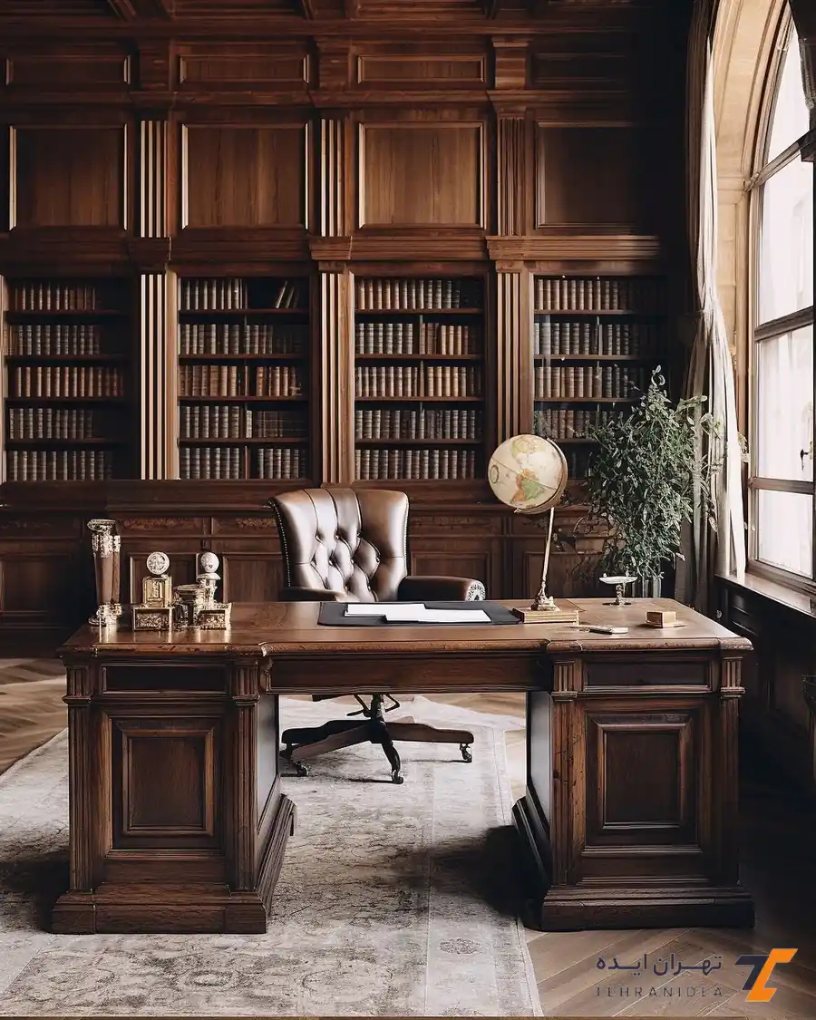 دفتر وکالت کلاسیک با کتابخانه سرتاسری و قاب‌بندی دیوار چوبی